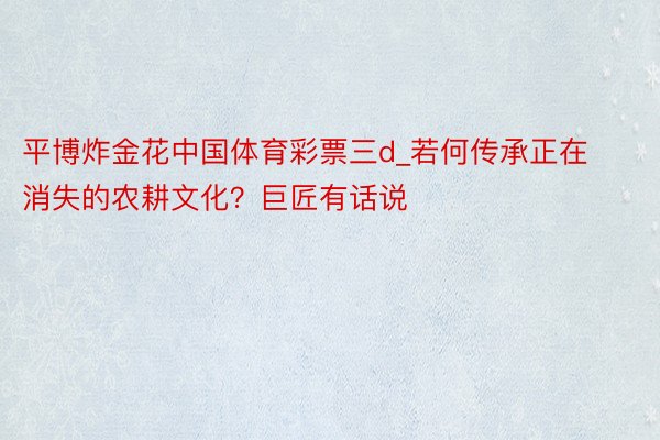 平博炸金花中国体育彩票三d_若何传承正在消失的农耕文化？巨匠有话说